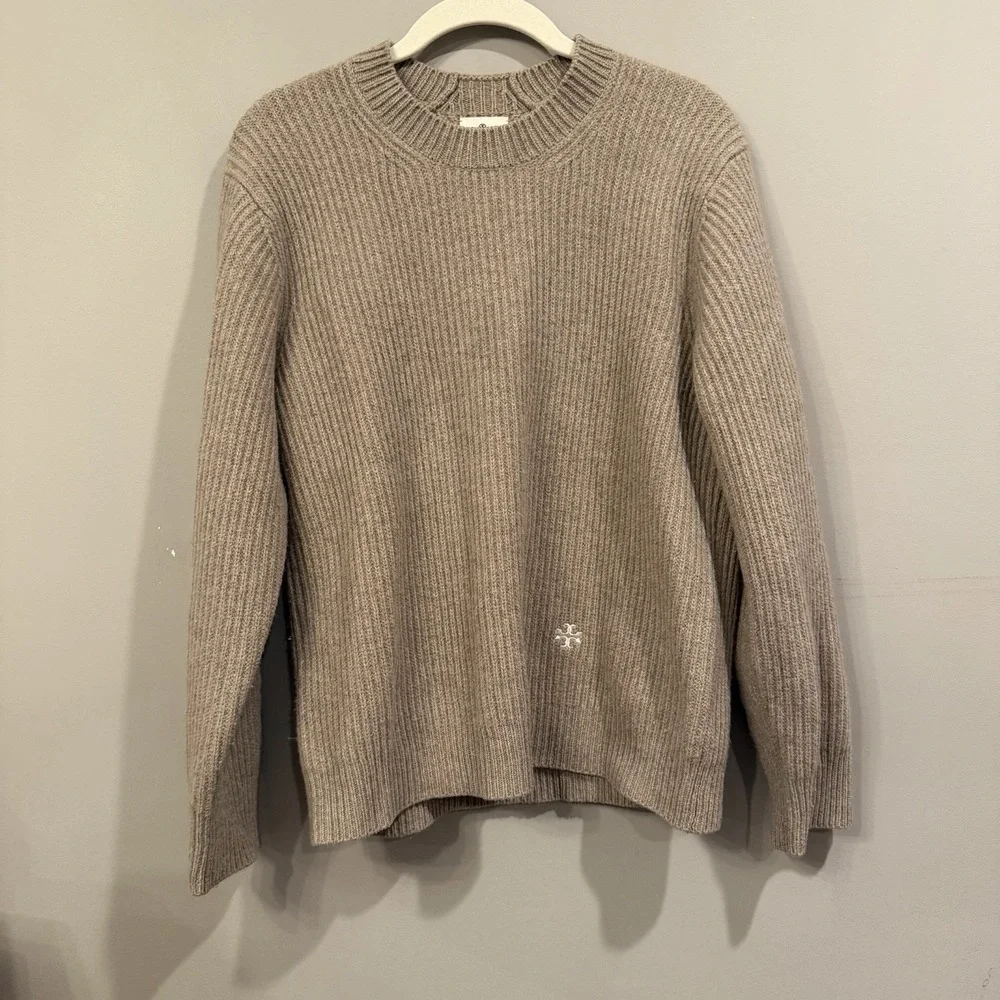 Tory Burch Sport Merino Wool Ribbed Tan Sweater XS Luxury
